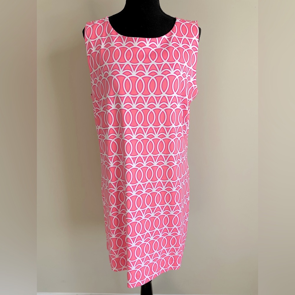 Lulu-B Sz XL Stretchy Dress Sleeveless Travel Pink White Geometric Midi